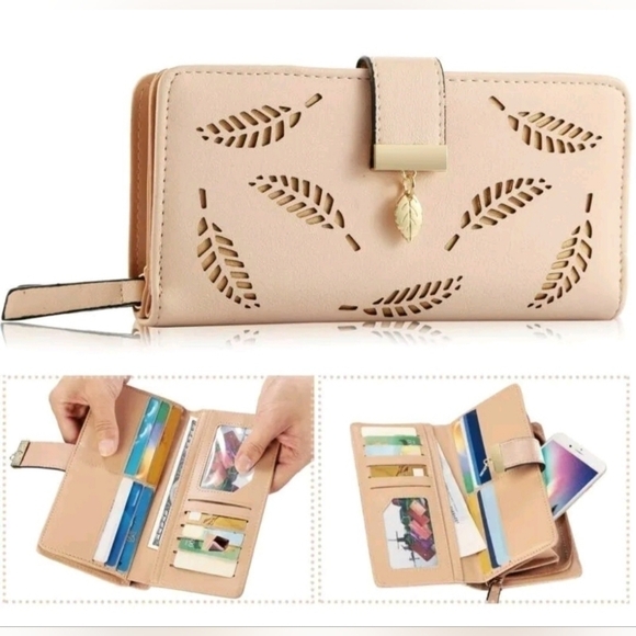 WOMEN Leaves Hollow Wallet Faux Leather Luxury Clutch Female Coin Cards Purse - Picture 3 of 4